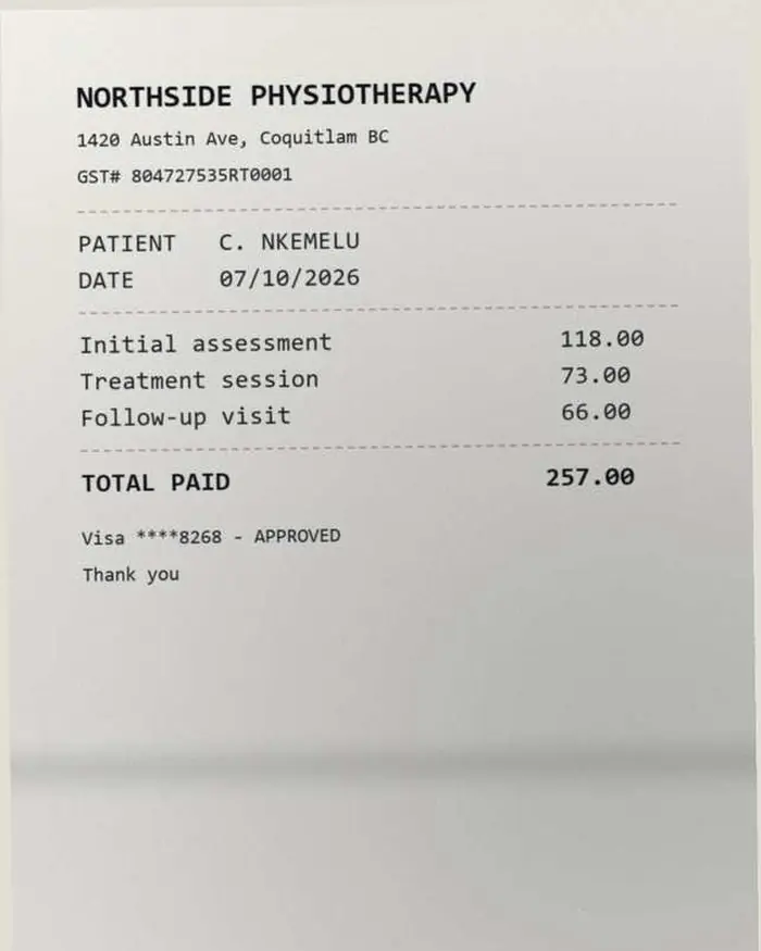 A phone photograph of a physiotherapy receipt, one page out of a scanned bundle.